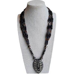 Vintage Beaded Tribal Carved Wood Pendant Necklace